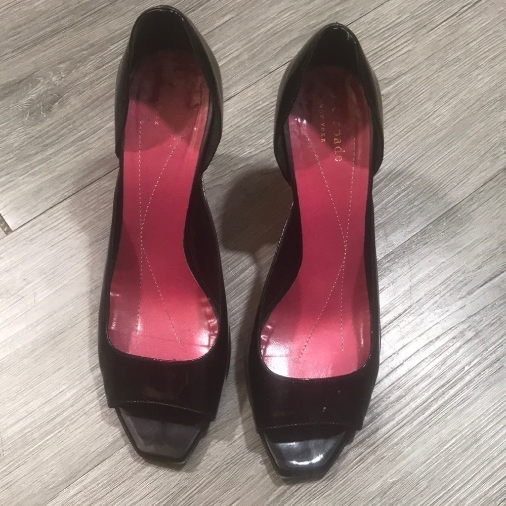 Kate Spade New York Black Patent Leather Square Peep Toe Pumps size 7 1/2